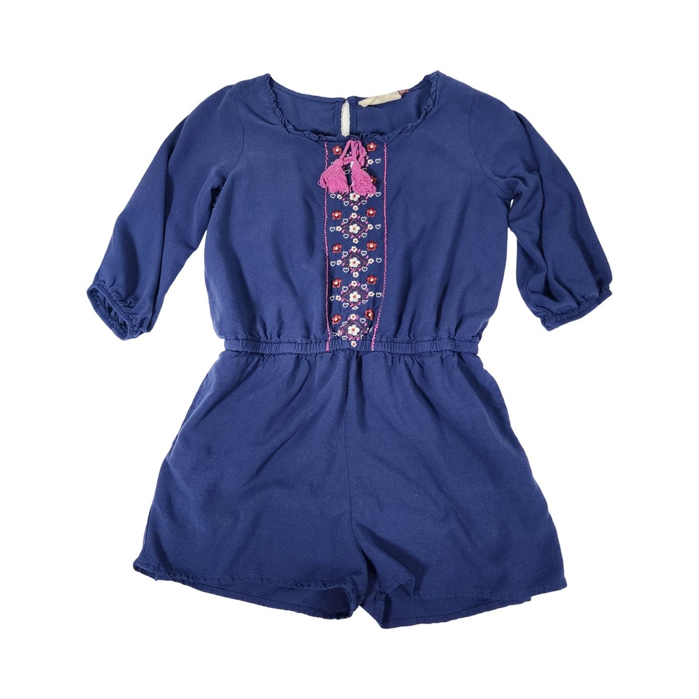 Red Camel Women XS Navy Blue Floral Embroidered Tassel Romper 3/4 Sleeve Boho